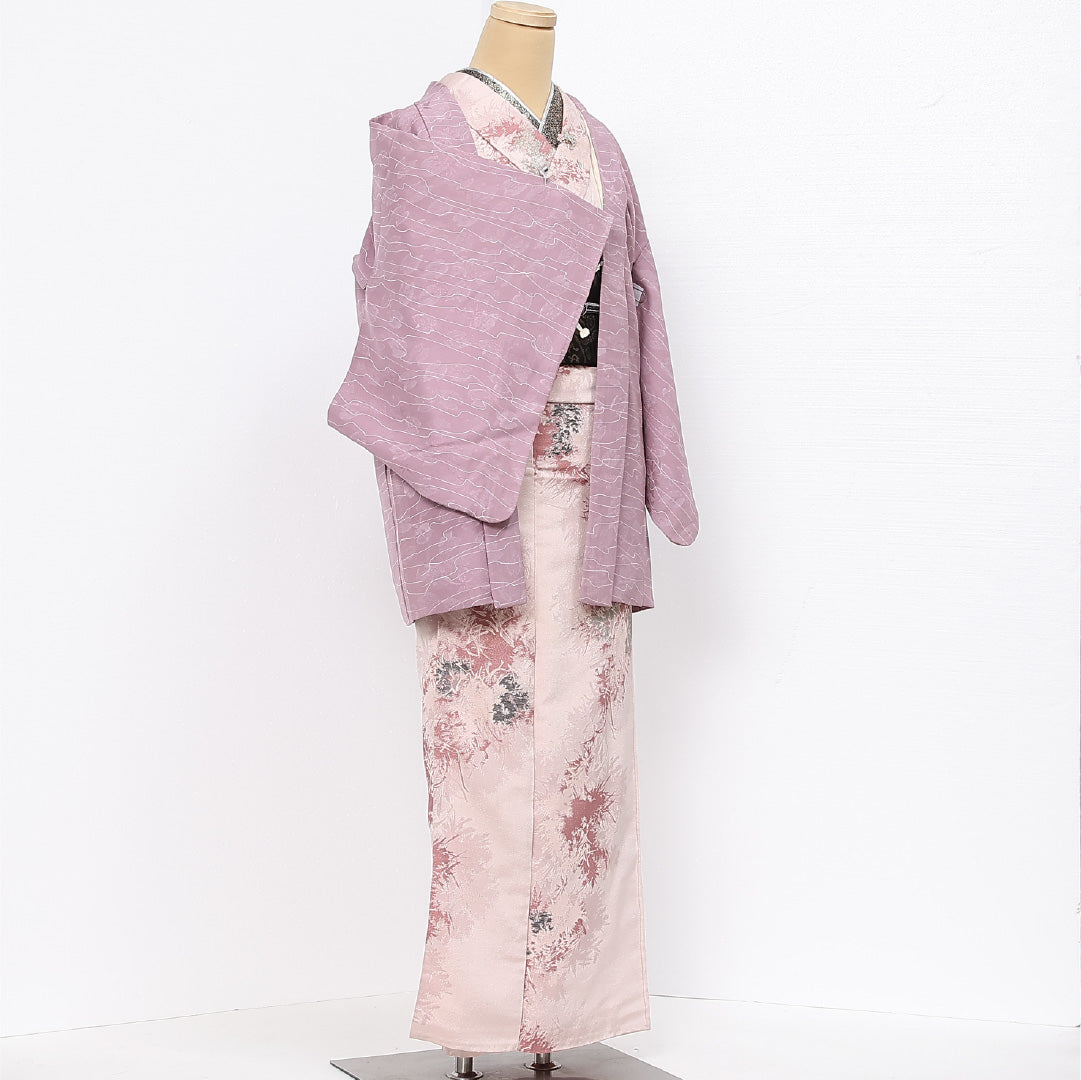 羽織 袷 身丈77cm 裄丈63cm 正絹 Aランク 紋意匠 (植物) カジュアル Sサイズ 紐あり 抽象柄 紫系 HP 1232-13420