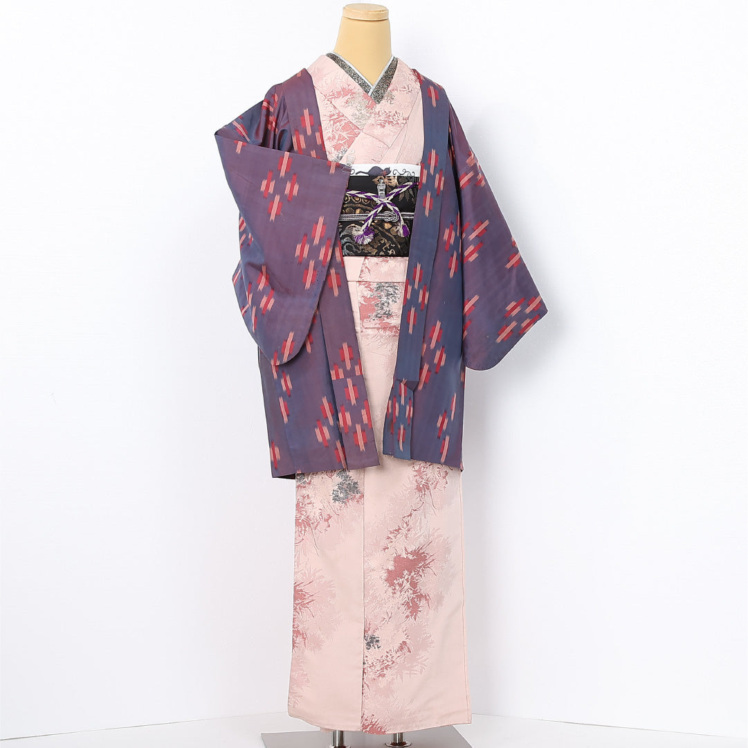 アンティーク 羽織 (銘仙) 袷 身丈85cm 裄丈63cm 正絹 Aランク Sサイズ 紐あり 十字絣 紫系 M4 1232-12561