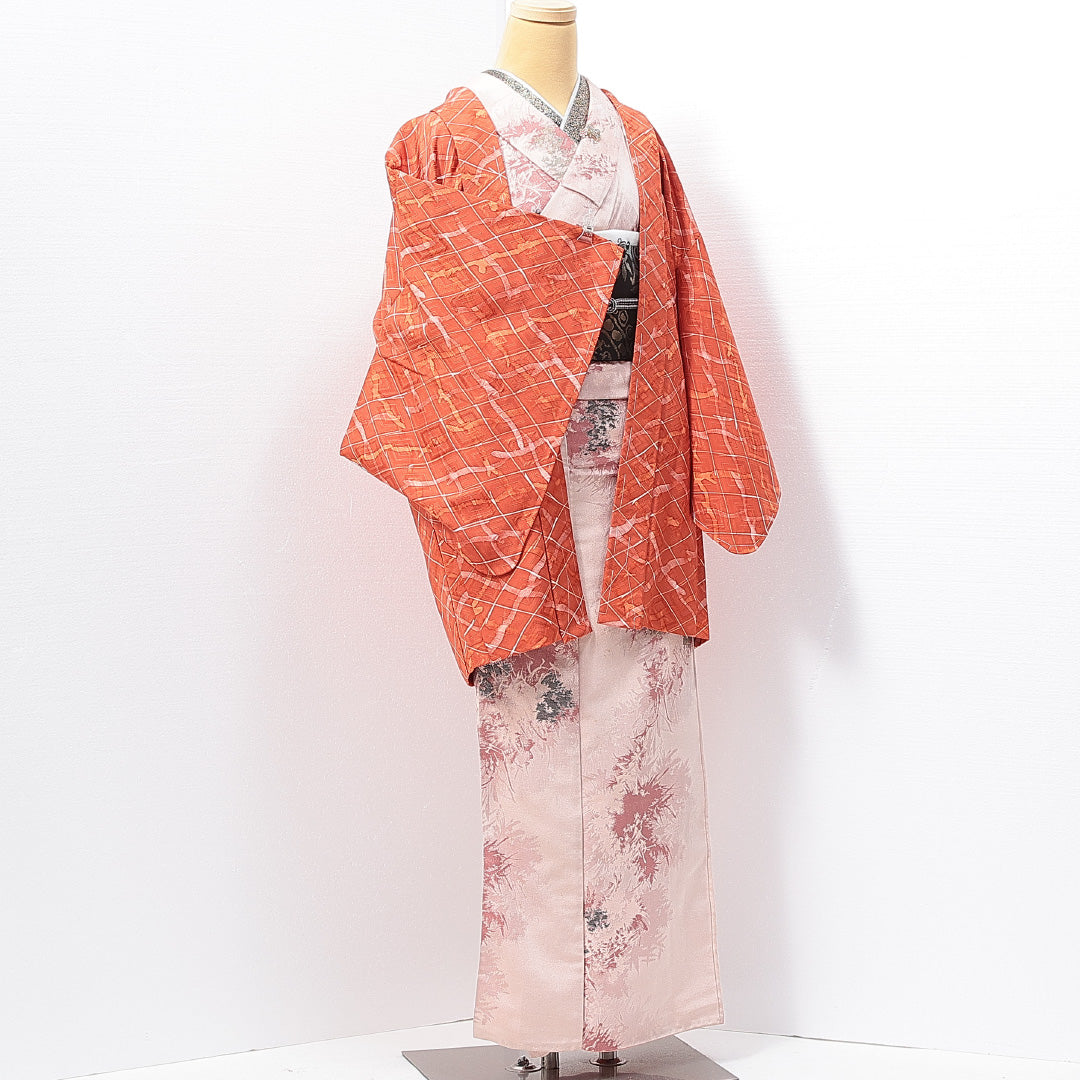 羽織 袷 身丈82cm 裄丈65cm 正絹 Sランク カジュアル Mサイズ 菱 朱系 RP 1232-14653