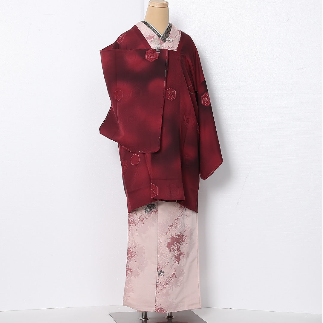 道行コート 袷 身丈90cm 裄丈66cm 正絹 Sランク セミフォーマル Mサイズ ぼかし染 ポケットあり 亀甲 赤系 RP 1237-12891