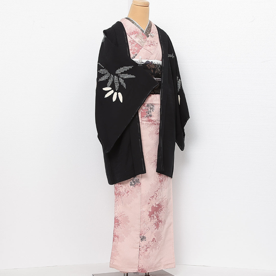 未使用品 黒羽織 袷 身丈85cm 裄丈65cm 正絹 Sランク インフォーマル Mサイズ しつけ糸 笹 竹 黒系 RP 1233-13878