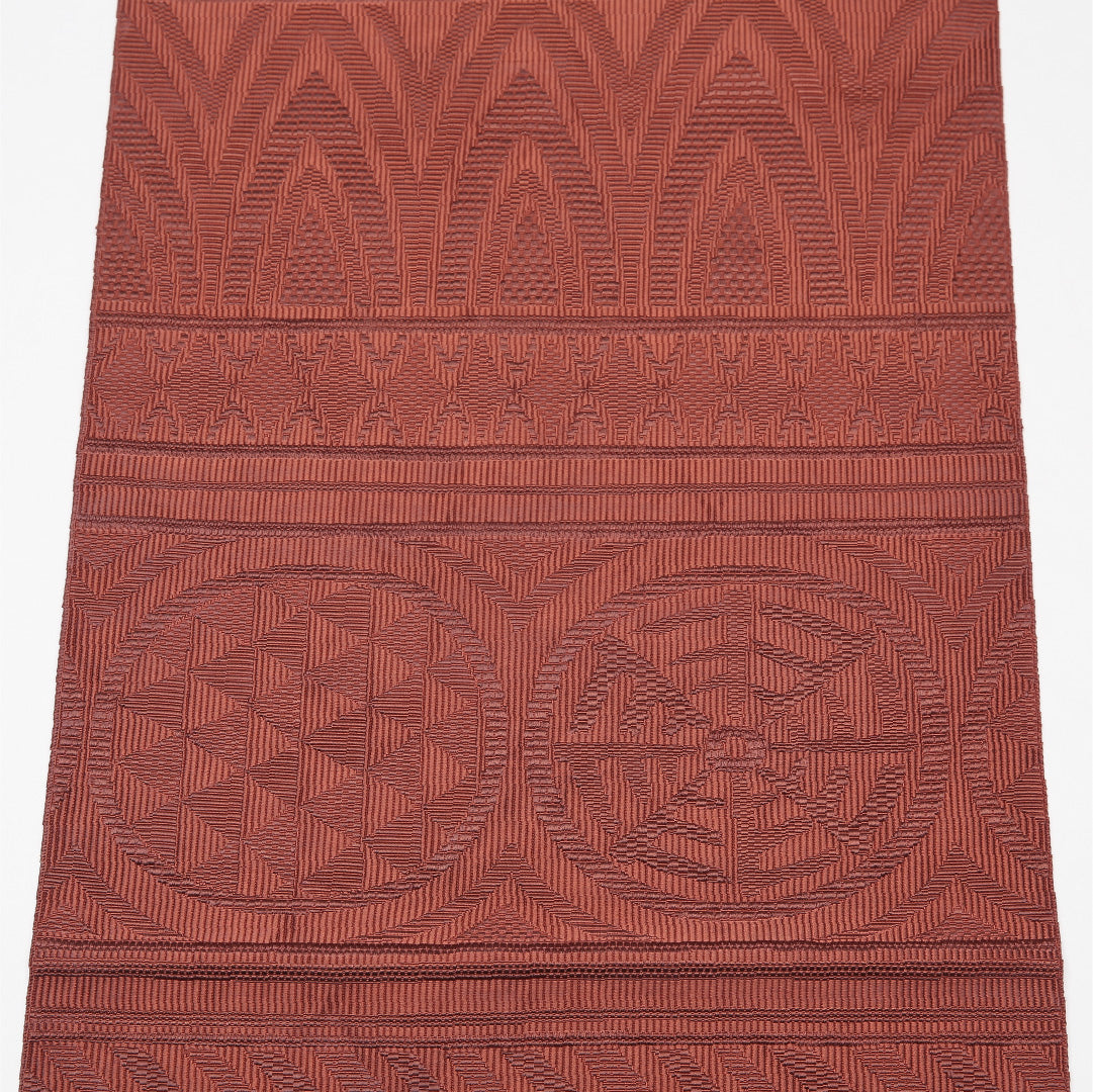 名古屋帯 帯丈363cm Aランク 松葉仕立て 六通 正絹 鱗 幾何学 カジュアル 茶系 1224-01647