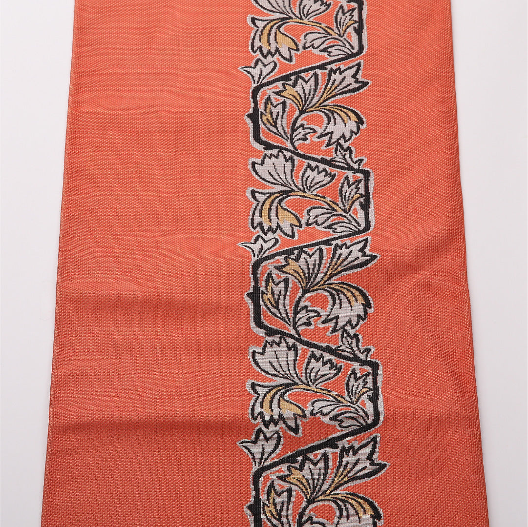 八寸名古屋帯 Cランク 帯丈359cm 正絹 六通 松葉仕立て 帯芯なし 織り カジュアル 唐華 朱系 GP 1245-02365