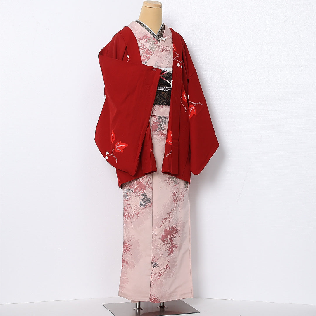 羽織 袷 身丈79cm 裄丈64cm 正絹 Aランク カジュアル Mサイズ 紐あり 植物柄 赤系 RP 1232-12824
