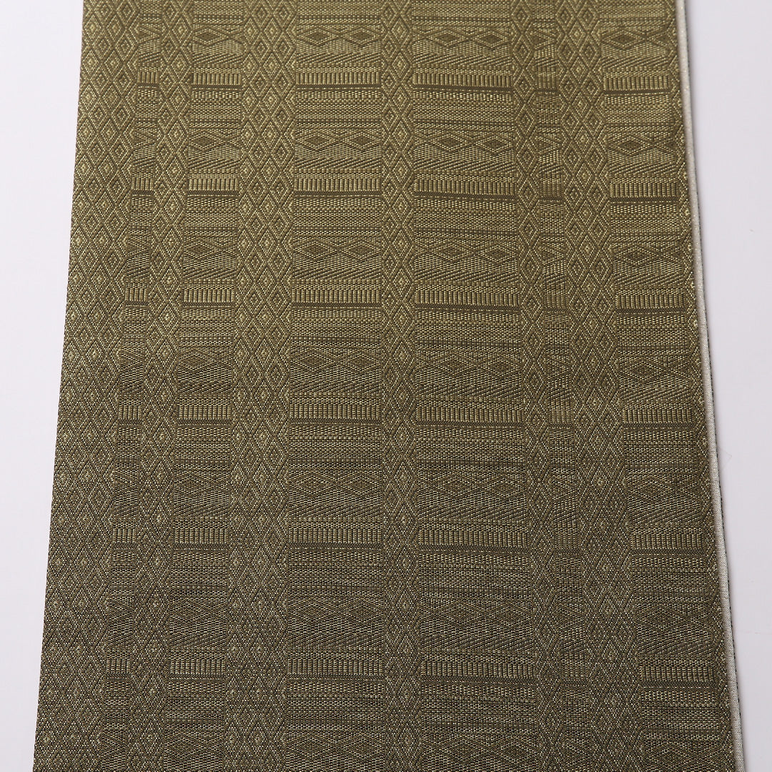 未使用品 袋帯 帯丈444cm 正絹 全通 インフォーマル 間道 茶系 緑系 1243-01597