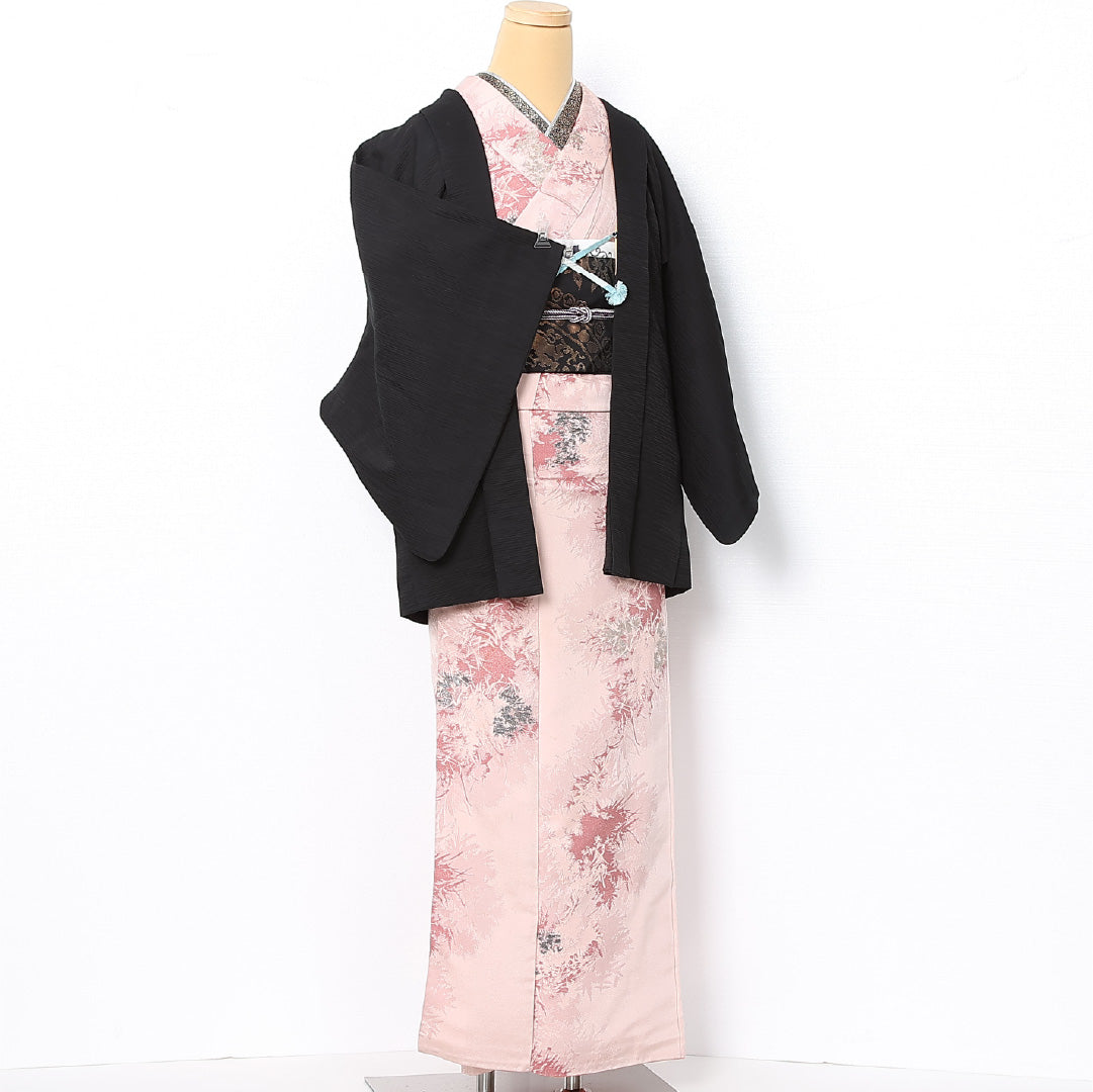 黒羽織 袷 身丈73cm 裄丈62cm 正絹 Aランク 一つ紋 (蔦) セミフォーマル Sサイズ 紐あり 人物 黒系 RP 1233-12742