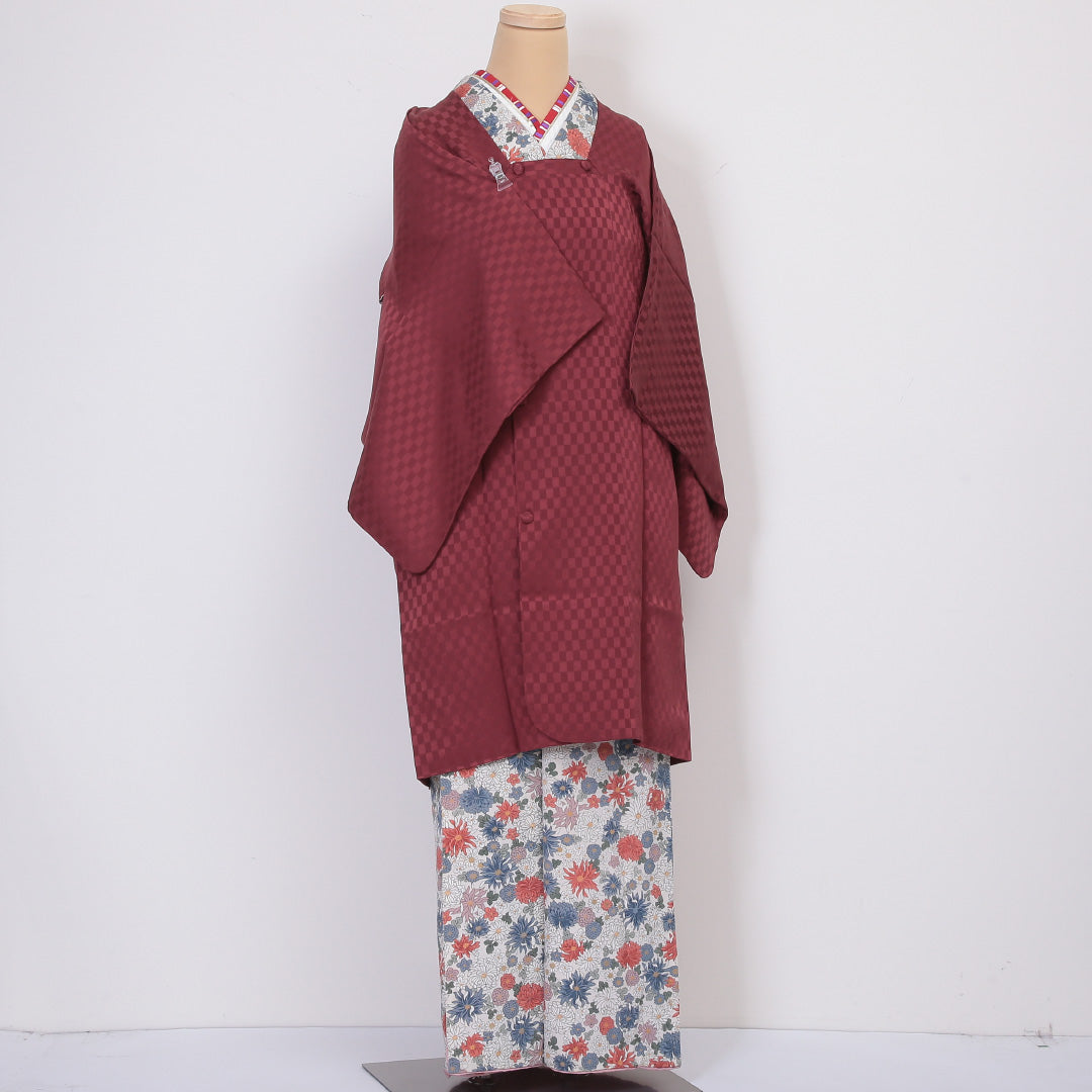 道行コート 袷 身丈100cm 裄丈64cm 正絹 Sランク 紋意匠 (市松) セミフォーマル Mサイズ 茶系 RP 1237-05803