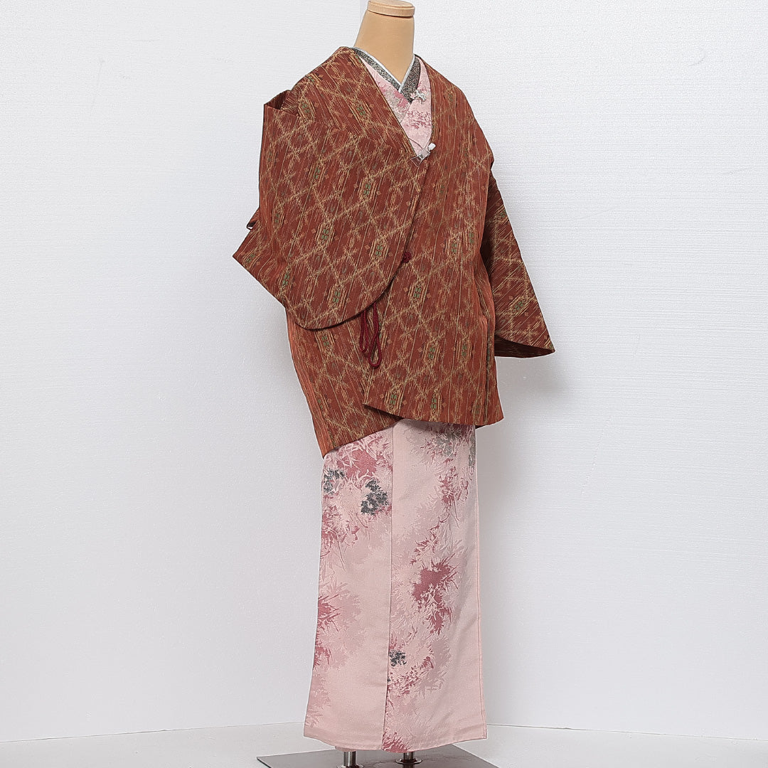 洗える着物 道中着 袷 身丈79cm 裄丈65cm ポリエステル Sランク インフォーマル Mサイズ 菱 茶系 RP 1236-13826