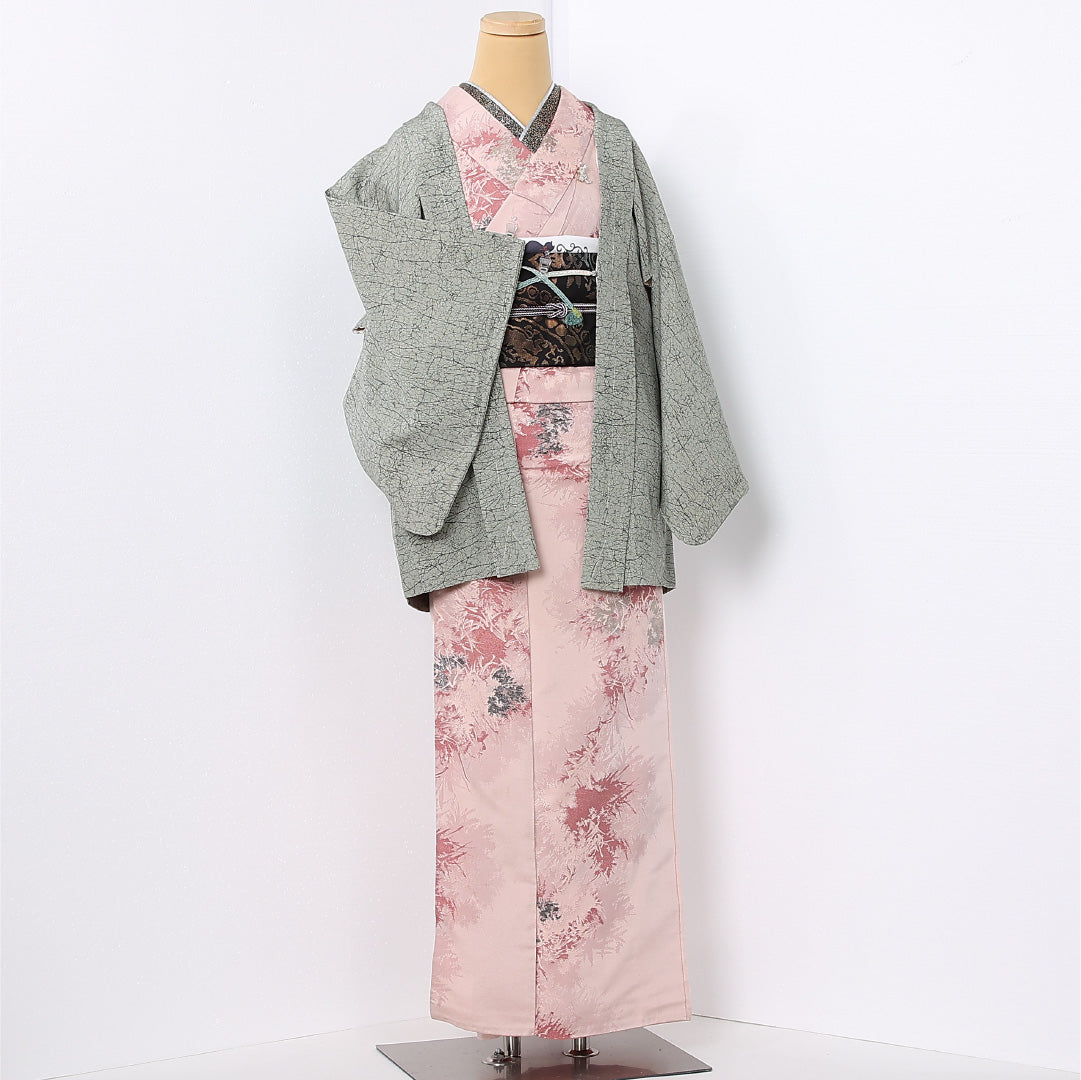 羽織 袷 身丈74cm 裄丈63cm 正絹 Sランク カジュアル Sサイズ 紐あり 創作柄 緑系 RP 1232-12717