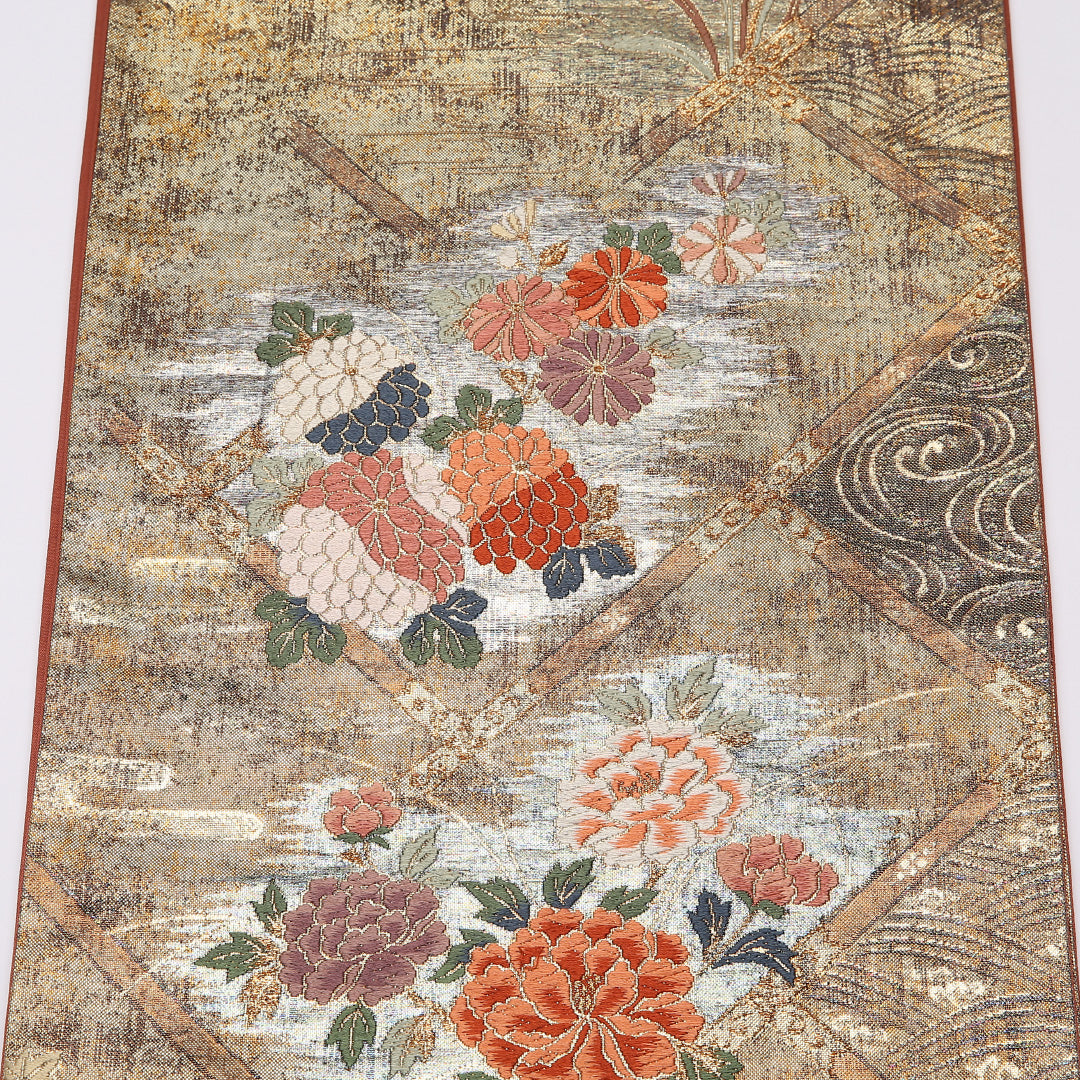 袋帯 帯丈444cm 六通 未仕立て 菊 牡丹 帯芯なし フォーマル 金系 正絹 Aランク 1223-01005