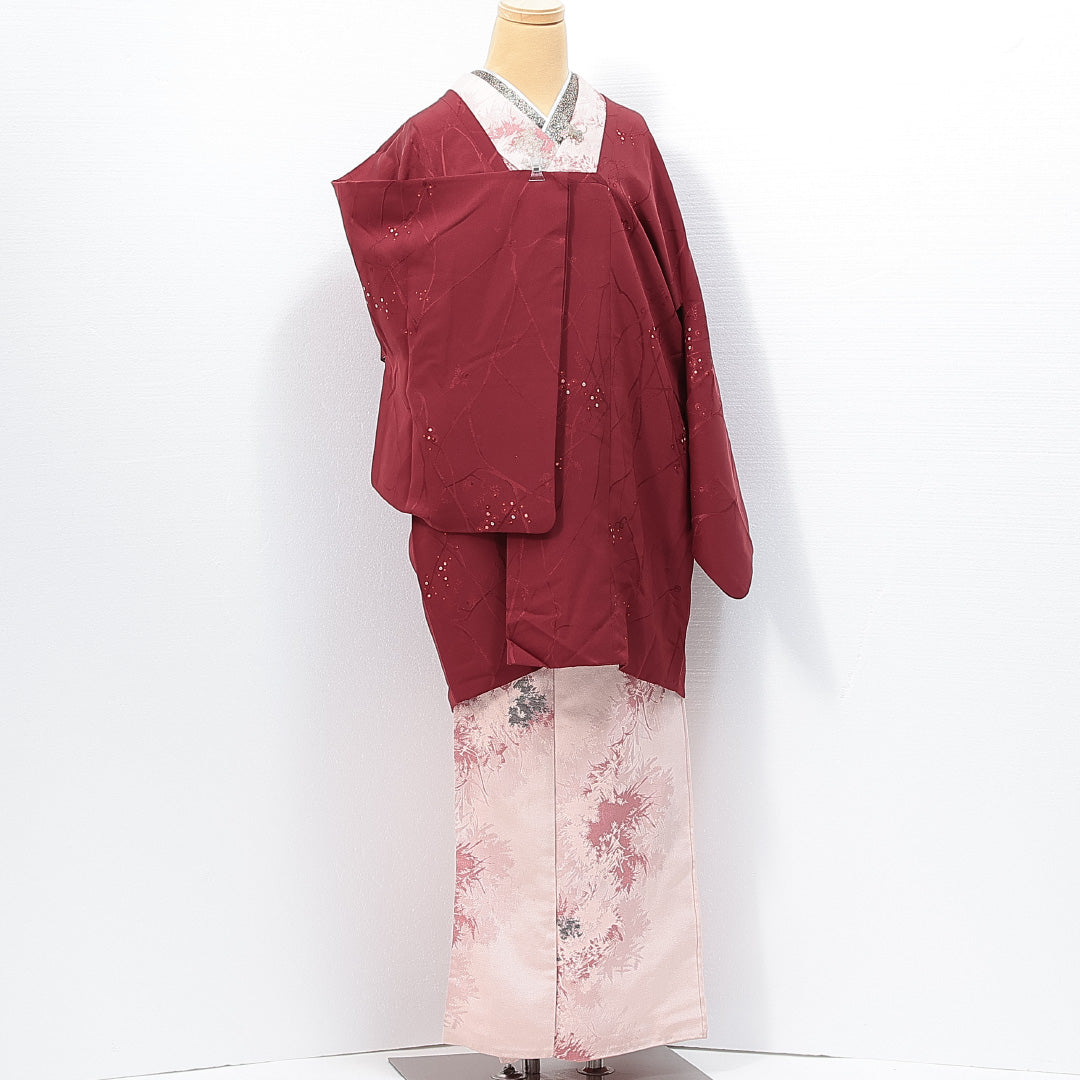 道行コート 袷 身丈82cm 裄丈65cm 正絹 Sランク セミフォーマル Mサイズ ポケットあり 植物柄 赤系 RP 1237-14810