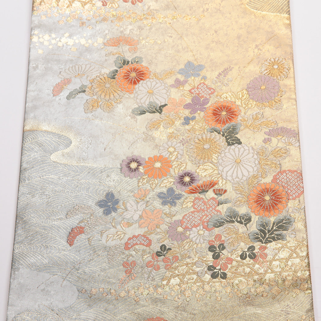 袋帯 帯丈440cm 正絹 六通 フォーマル 琳派 光悦垣 光琳波 四季草花 金系 1243-01458