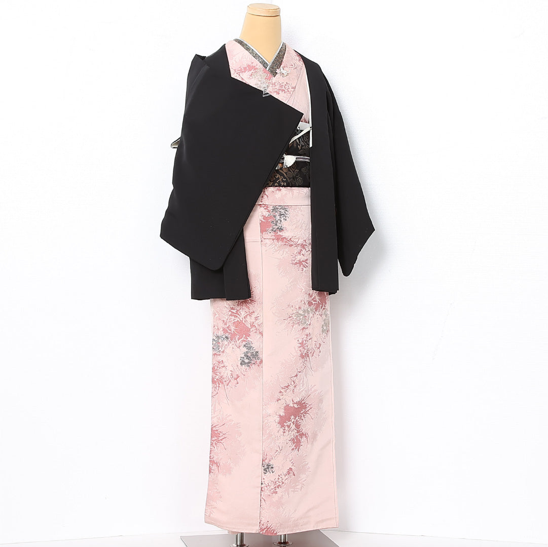 黒羽織 袷 身丈74cm 裄丈61cm 正絹 Sランク インフォーマル Sサイズ 紐あり 唐草 黒系 RP 1233-12795