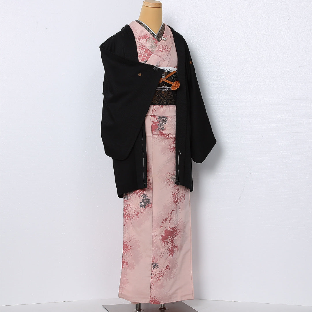 黒羽織 袷 身丈83cm 裄丈63cm 正絹 Sランク インフォーマル Sサイズ 紐あり 唐草 黒系 RP 1233-12808