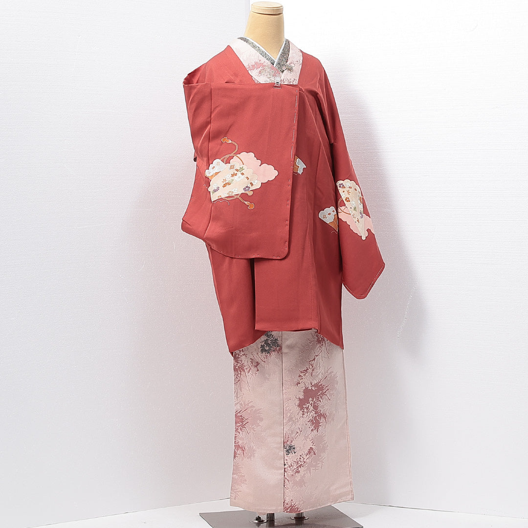 道行コート 袷 身丈89cm 裄丈65cm 正絹 Sランク カジュアル Mサイズ ポケットあり 扇 赤系 RP 1237-14632