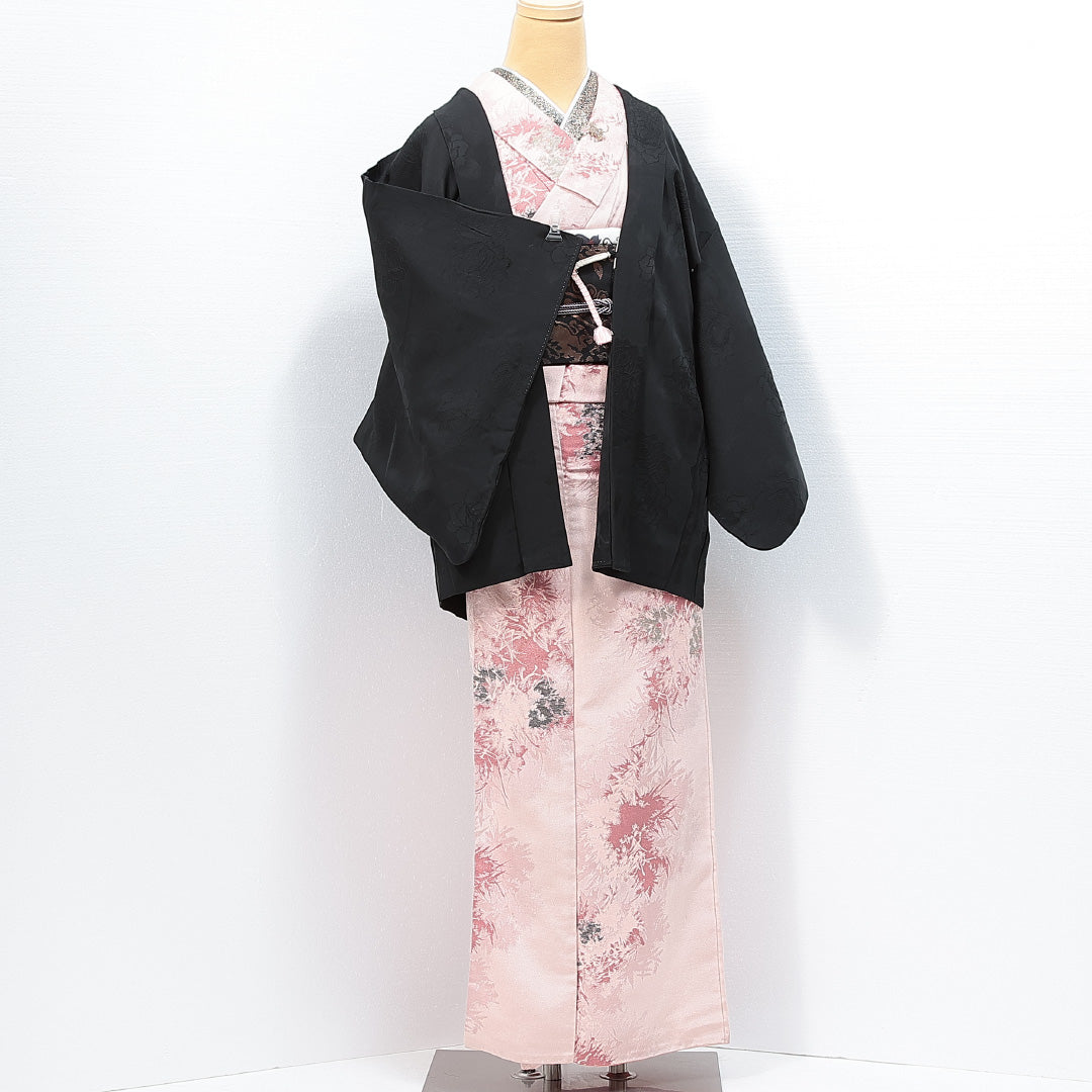 黒羽織 袷 身丈73cm 裄丈64cm 正絹 Aランク 一つ紋 (五三桐) 紋意匠 (薔薇) セミフォーマル Mサイズ 紐あり 黒系 RP 1233-14748