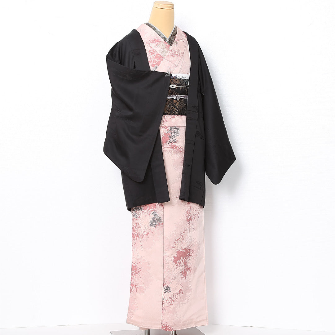 洗える着物 黒羽織 袷 身丈82cm 裄丈64cm ポリエステル Aランク 一つ紋 (五三桐) セミフォーマル Mサイズ 紐あり 流水 黒系 RP 1233-12745
