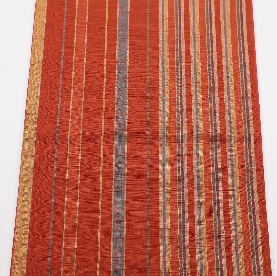 名古屋帯 帯丈352cm Cランク 開き仕立て 全通 正絹 遠州綿紬 紬 縞 カジュアル 朱系 1224-01945