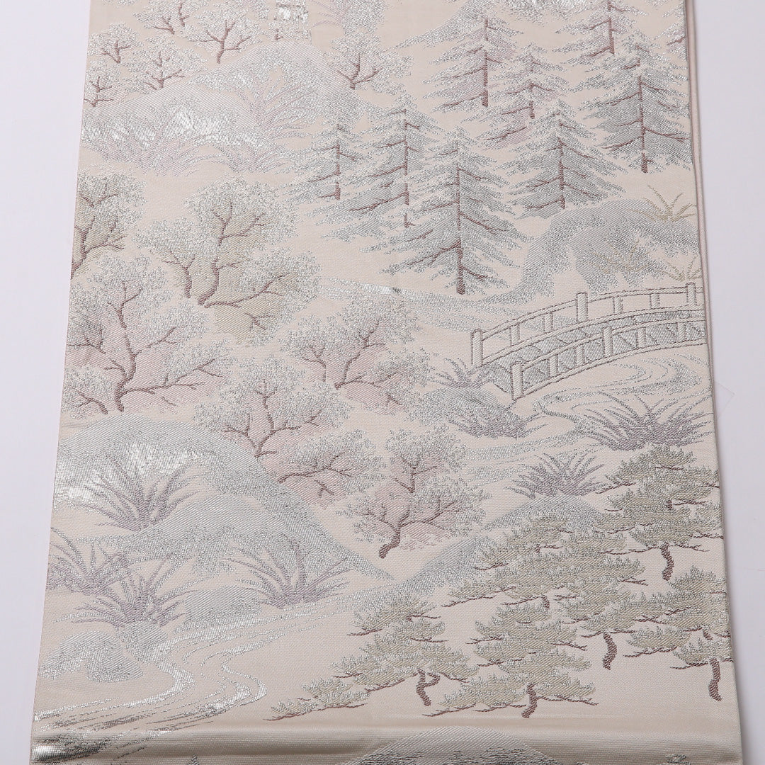 袋帯 帯丈428cm 正絹 六通 セミフォーマル 山水 橋 クリーム系 銀系 1243-01569