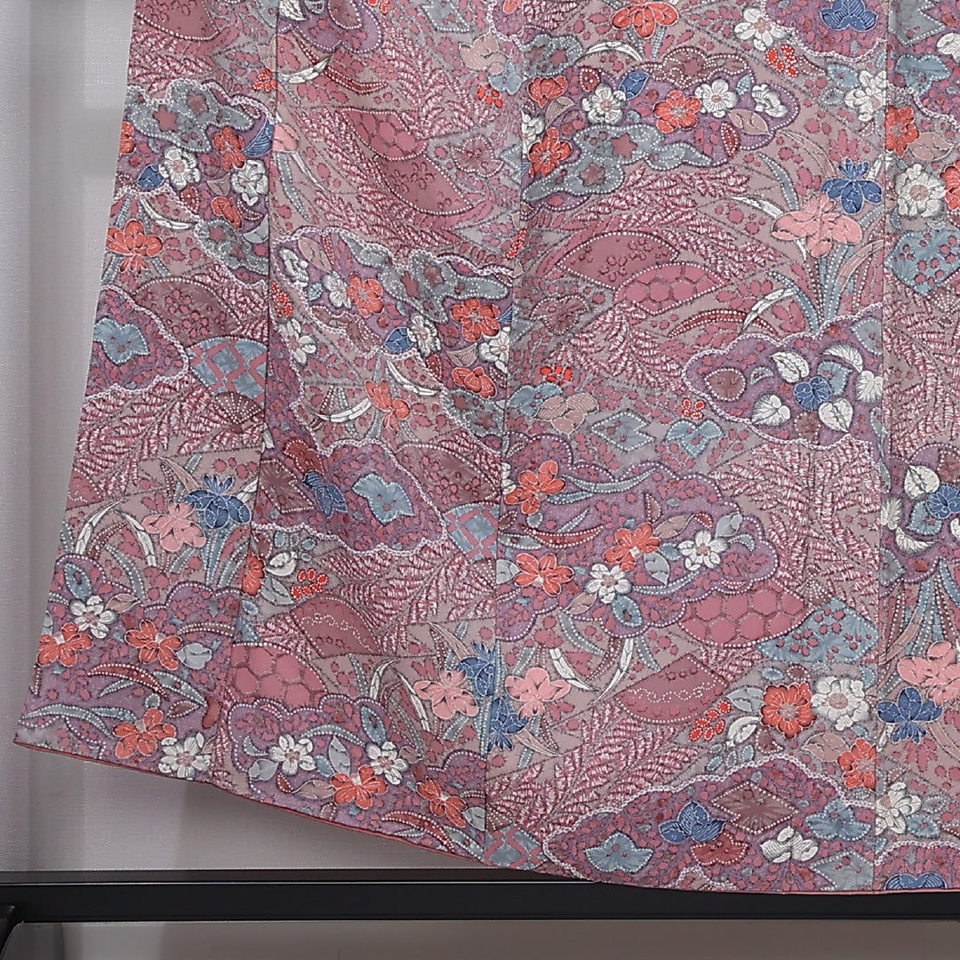 小紋 袷 身丈154cm 裄丈66cm 正絹 Aランク インフォーマル 広衿 Sサイズ 花柄 桐 ピンク系 RP 1221-12378
