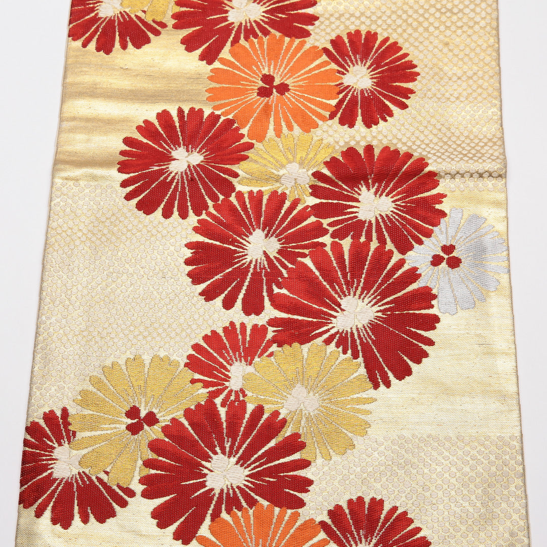アンティーク 九寸名古屋帯 Bランク 帯丈322cm 正絹 六通 名古屋仕立て 織り 菊 金系 M4 1245-01790