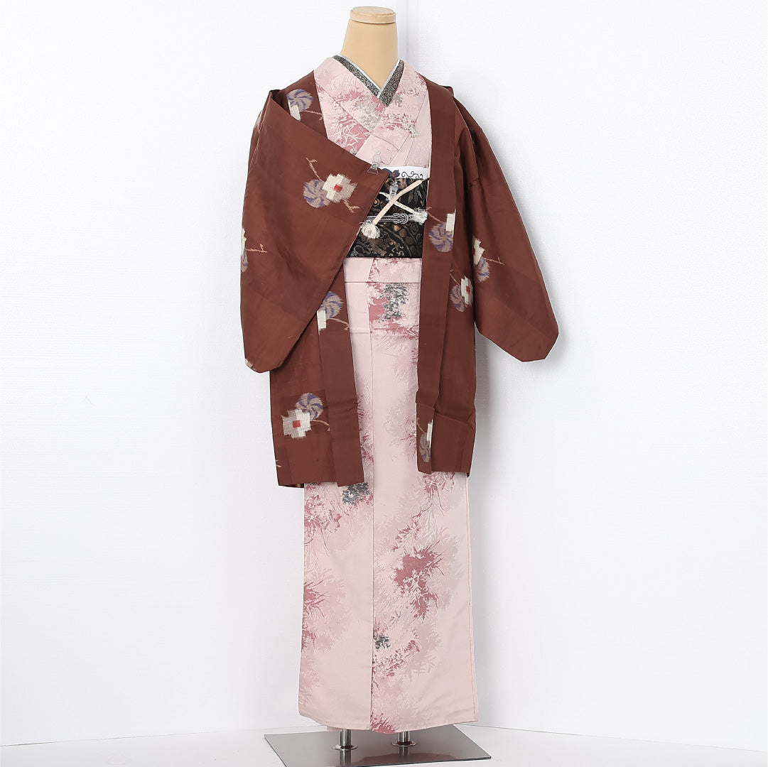 アンティーク 羽織 (銘仙) 袷 身丈89cm 裄丈61cm 正絹 Bランク Sサイズ 紐あり 創作柄 茶系 M4 1232-12516