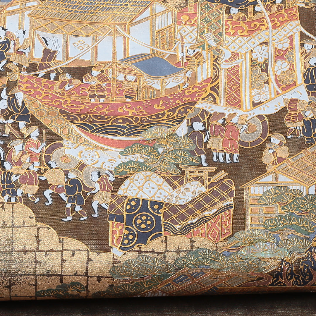 袋帯 帯丈424cm 六通 仕立て上がり フォーマル Aランク 引箔 金襴 螺鈿 京洛百景 金系 1223-00642-321 1223-00642