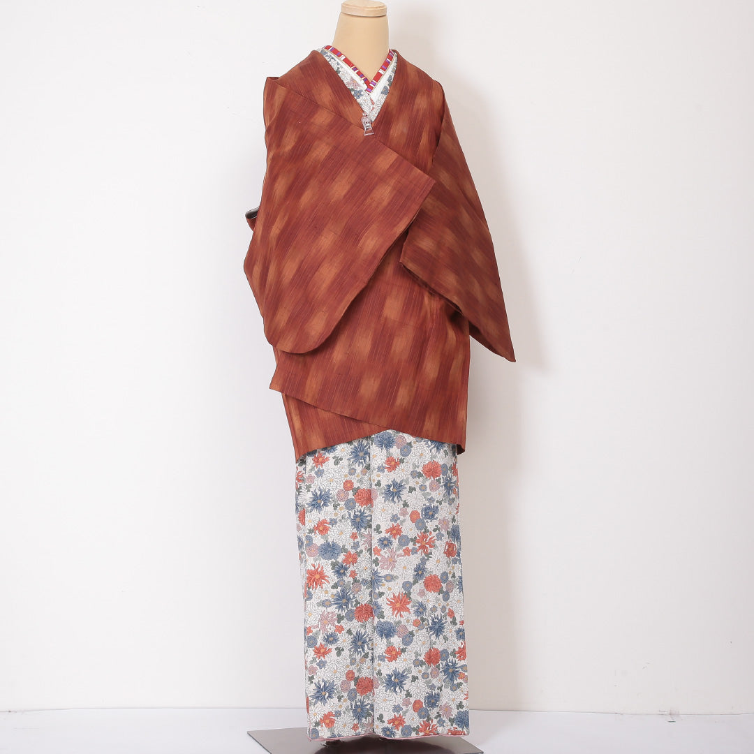 道中着(紬) 袷 身丈83cm 裄丈65cm 正絹 Sランク Mサイズ カジュアル 無地 朱系 1264-05764