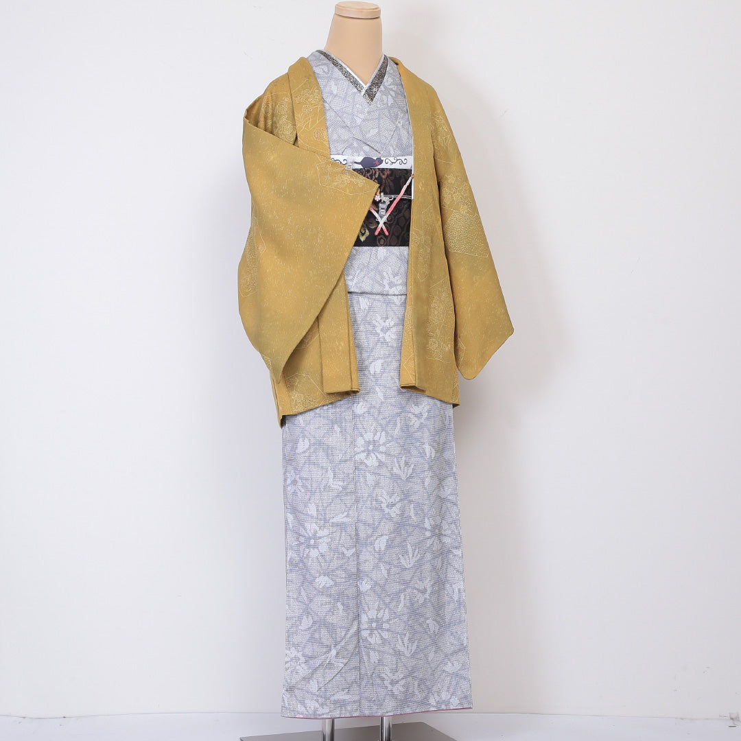 羽織 袷 身丈76cm 裄丈62cm 正絹 Aランク カジュアル Sサイズ 花柄 黄系 HP 1232-06011