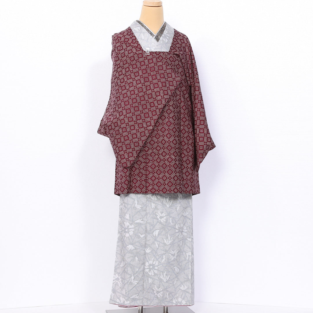 道行コート 袷 身丈87cm 裄丈64cm 正絹 Sランク セミフォーマル Mサイズ 染め紬 ポケットあり 菱 赤系 RP 1237-10757