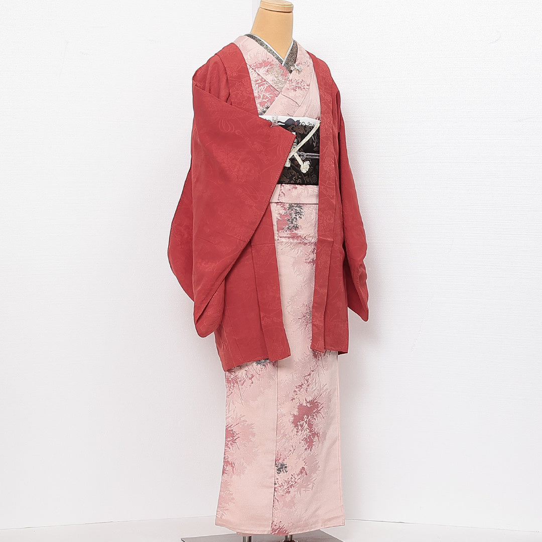アンティーク 羽織 袷 身丈91cm 裄丈63cm 正絹 Bランク 一つ紋 (剣片喰) Sサイズ 菊 ピンク系 HP 1232-13903