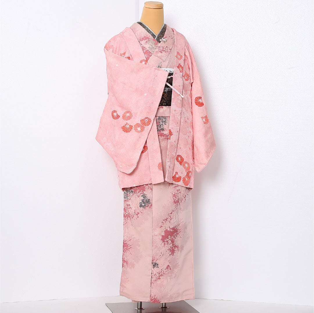 羽織 袷 身丈80cm 裄丈64cm 正絹 Sランク カジュアル Mサイズ 紐あり 菊 ピンク系 RP 1232-12944