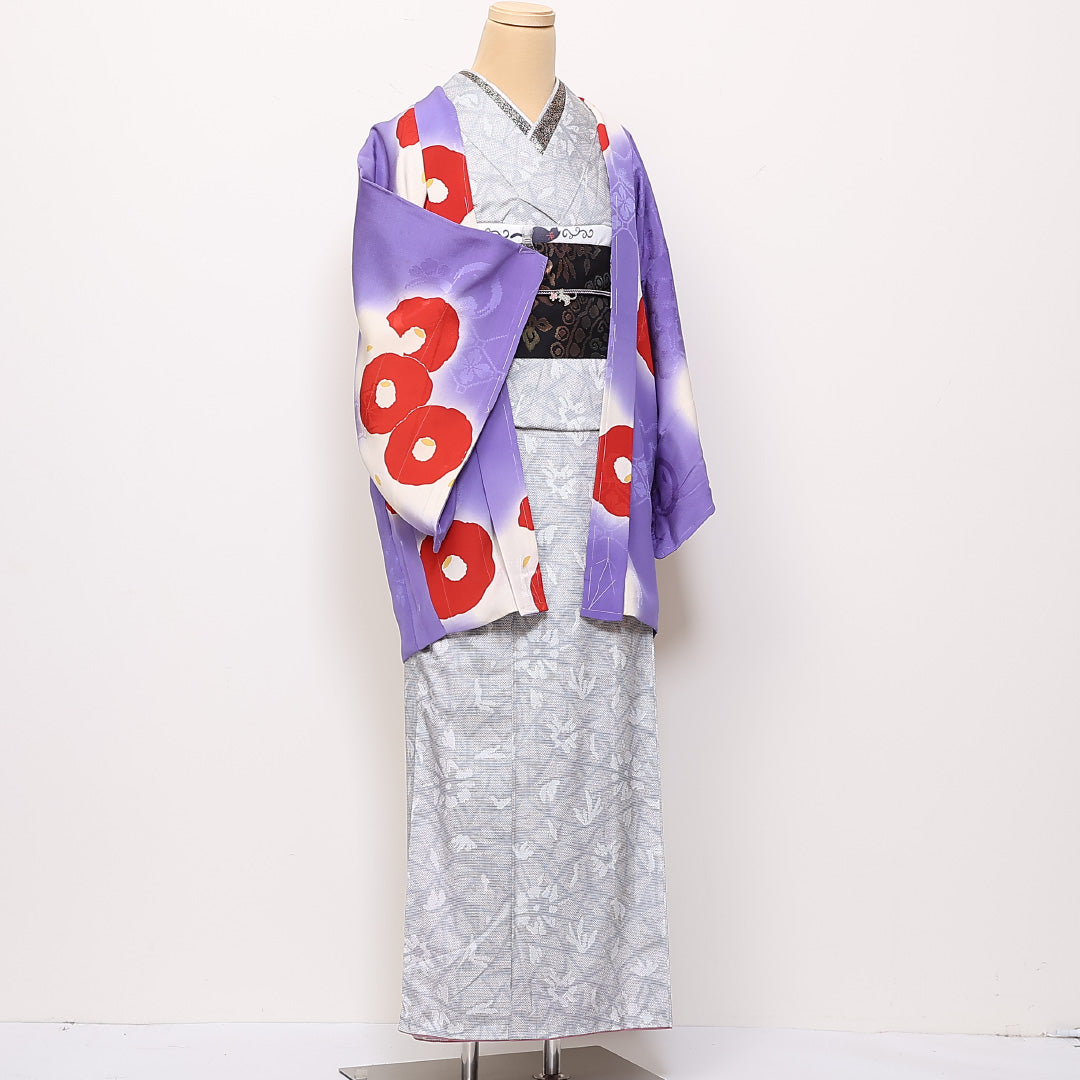 羽織 身丈80cm 裄丈62.5cm S 正絹 椿 ぼかし 紫系 Bランク 1217-00836
