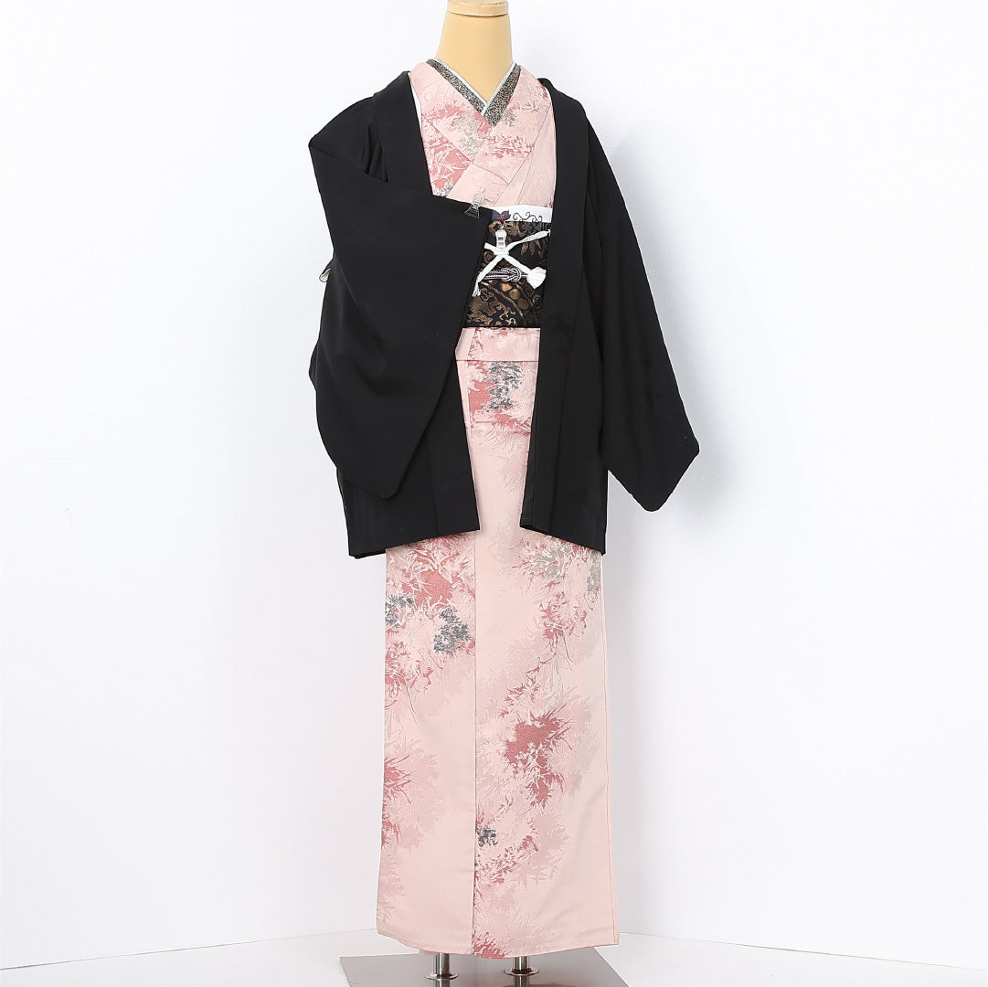 黒羽織 袷 身丈75cm 裄丈63cm 正絹 Bランク 一つ紋 (丸に下り藤) セミフォーマル Sサイズ 紐あり 流水 黒系 RP 1233-12571