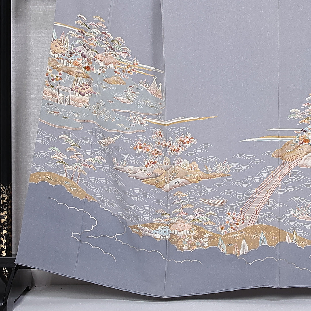 訪問着 身丈159cm 裄丈61.5cm Aランク 袷 一つ紋 正絹 広衿 剣片喰 刺繍 茶屋辻 風景 1212-10207