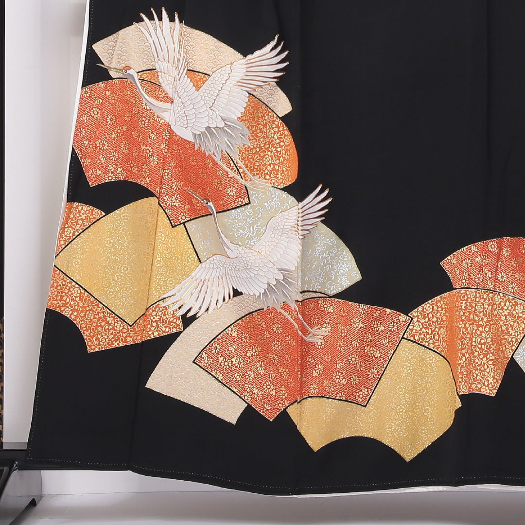 黒留袖 五つ紋 丸に橘 身丈159cm 裄丈65cm Aランク 正絹 袷 比翼 広衿 M 鶴 吉祥文様 扇 フォーマル 黒系 1211-F0234