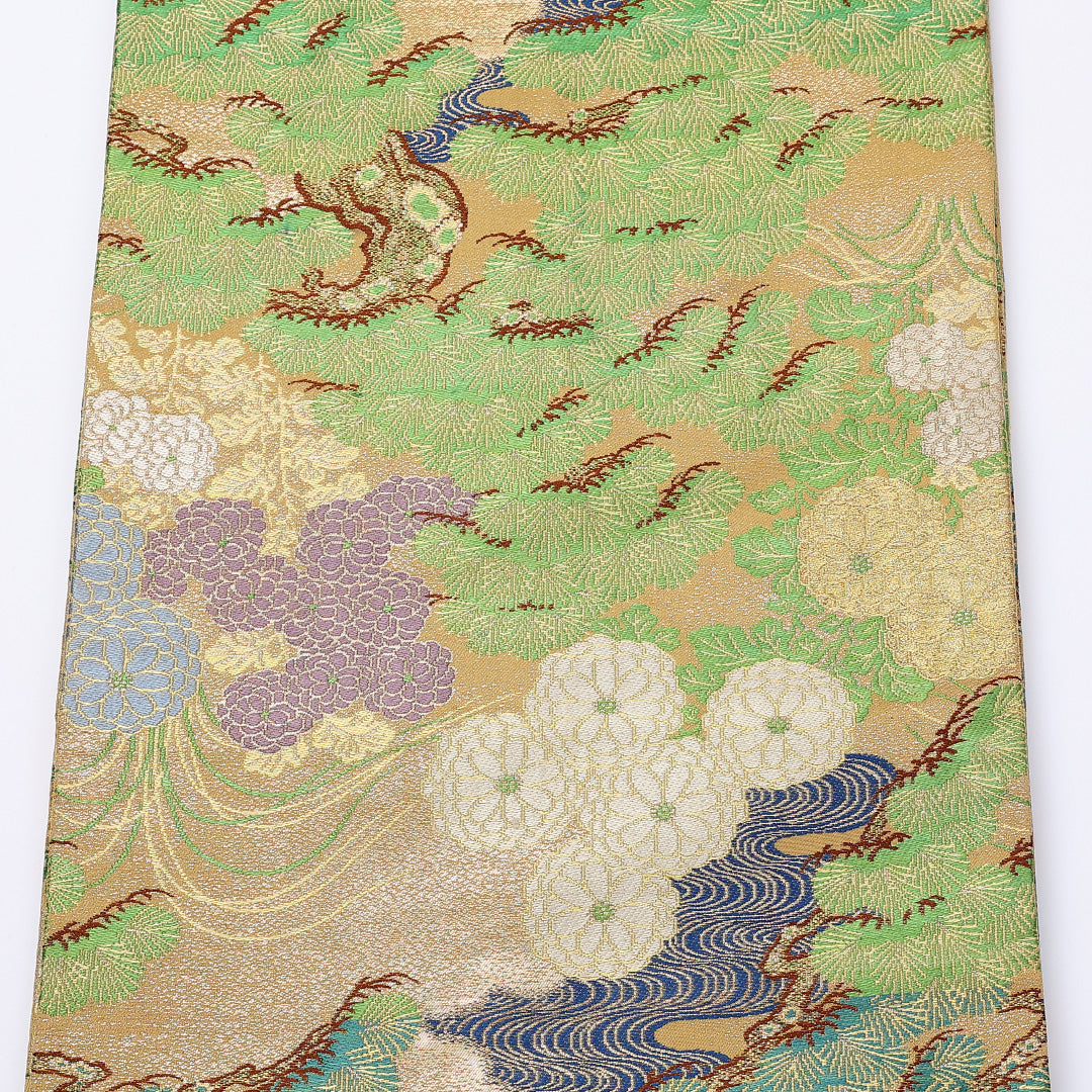 アンティーク 丸帯 帯丈388cm 全通 松 菊 緑系 フォーマル 金系 正絹 Aランク 1223-00985