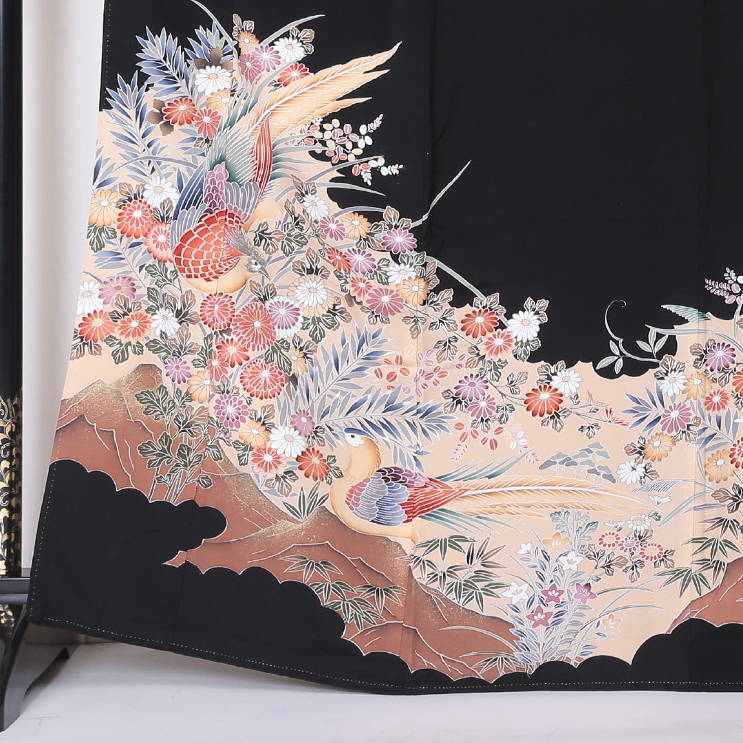 黒留袖 五つ紋 丸に木瓜 身丈166cm 裄丈64cm Aランク 正絹 袷 比翼 広衿 XL 鴛鴦 フォーマル 黒系 1211-F0208