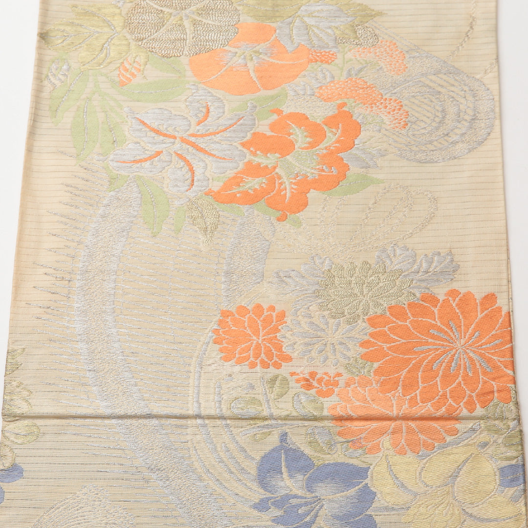 アンティーク 夏物 丸帯 帯丈412cm 六通 未仕立て Aランク 正絹 絽 朝顔 花柄 古典的 落ち着き クリーム系 1223-01482