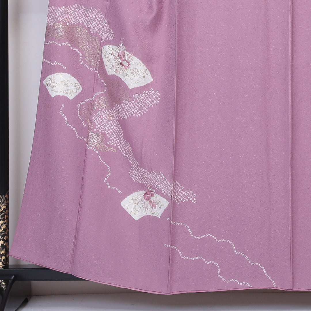 訪問着 袷 身丈155~159cm 裄64cm 正絹 蘇州刺繡 檜扇 ピンク系 ふくれ織 Bランク 1212-00567