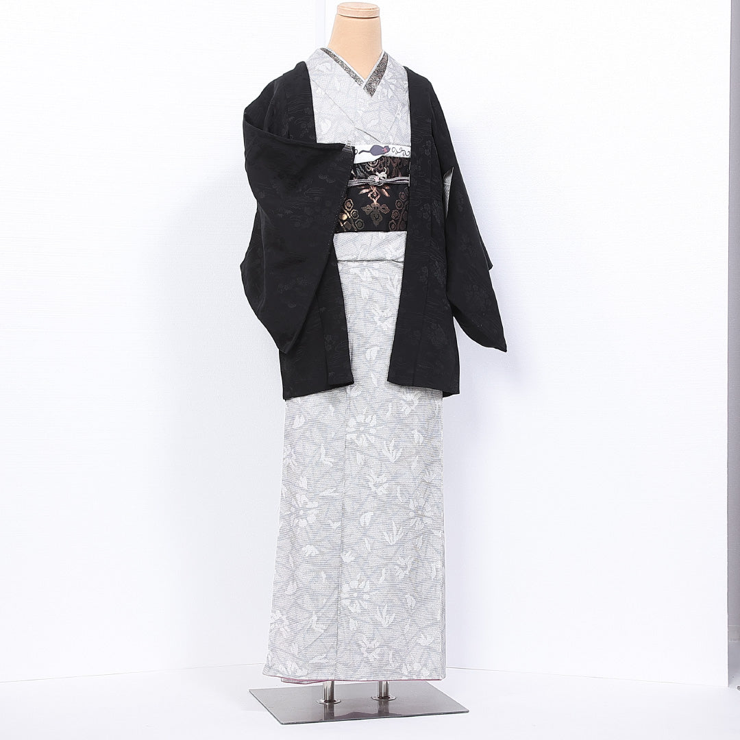 羽織 身丈76cm 裄丈60cm S 正絹 Aランク 袷 一つ紋 下り藤 黒羽織 牡丹 雲取り 1217-11112