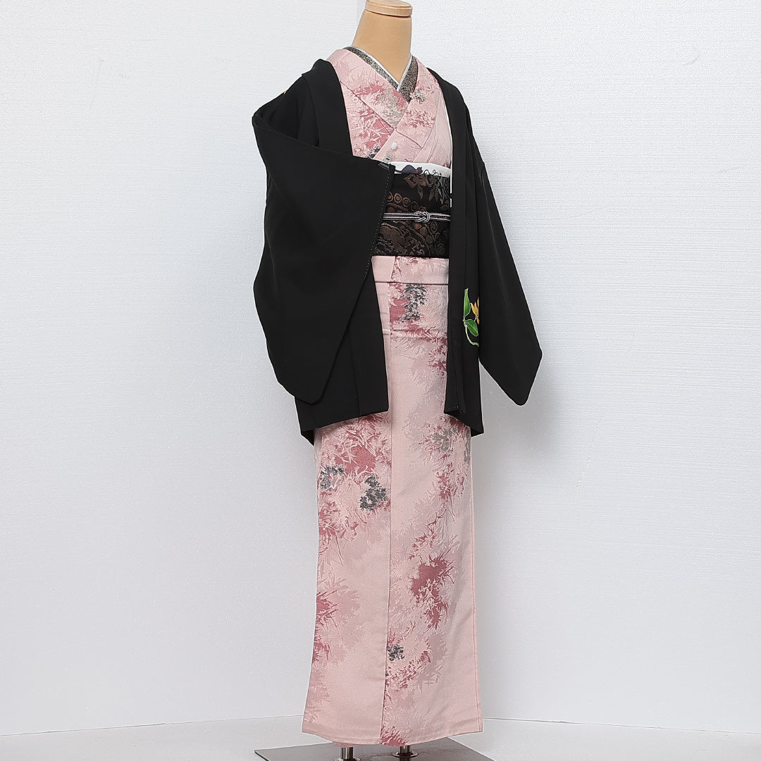黒羽織 袷 身丈74cm 裄丈62cm 正絹 Sランク インフォーマル Sサイズ 花柄 黒系 RP 1233-13825