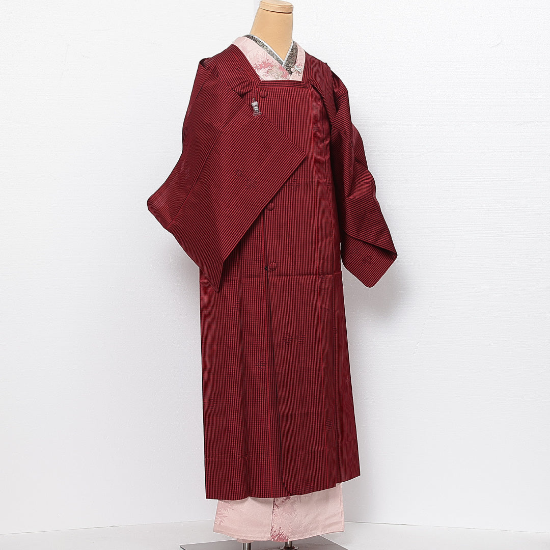 未使用品 道行コート 袷 身丈130cm 裄丈65cm 正絹 Nランク セミフォーマル Mサイズ しつけ糸 チェック 赤系 RP 1237-13734