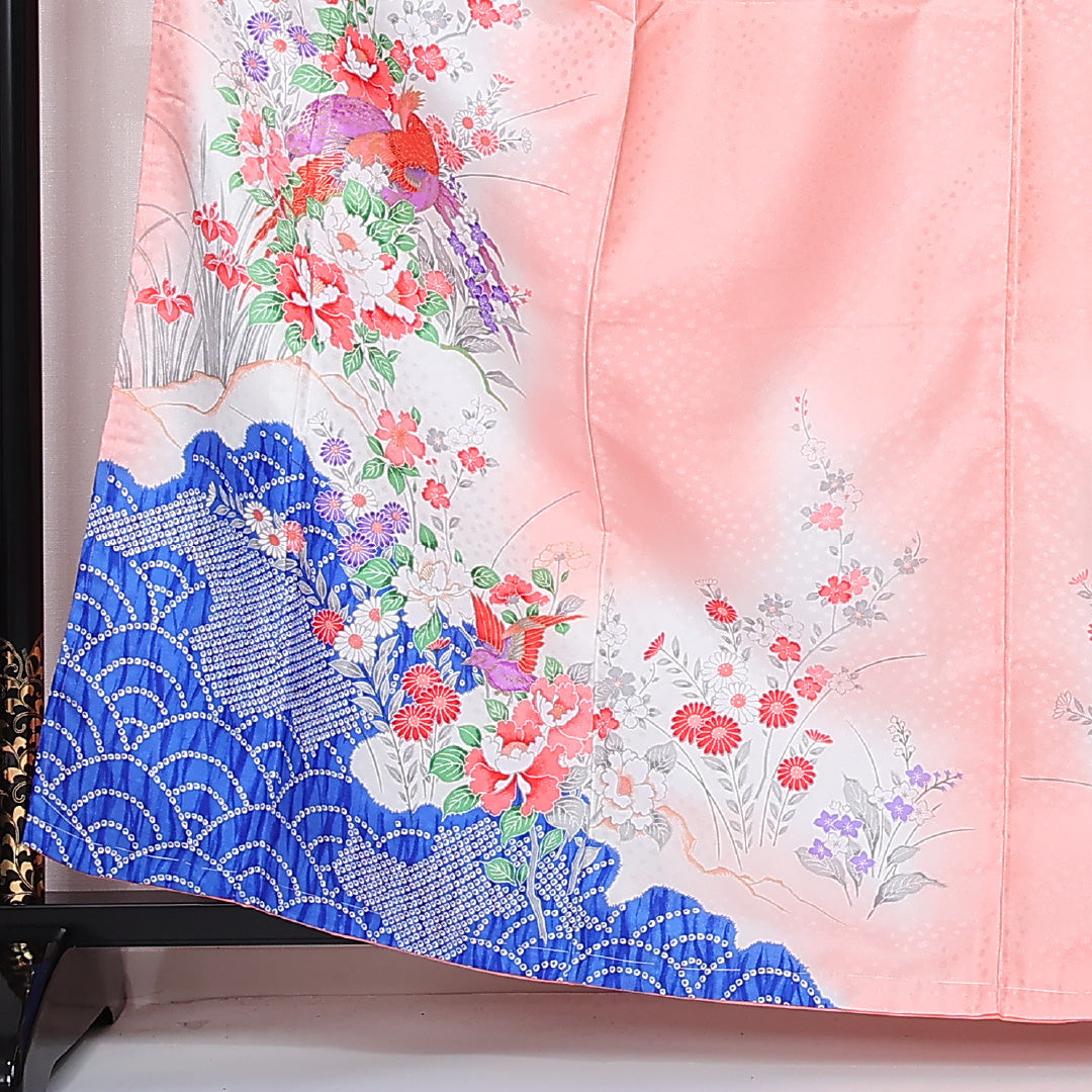 洗える着物 訪問着 袷 身丈161cm 裄丈65cm ポリエステル Sランク セミフォーマル 広衿 Lサイズ 尾長鳥 青海波 牡丹 杜若 ピンク系 RP 1217-12501