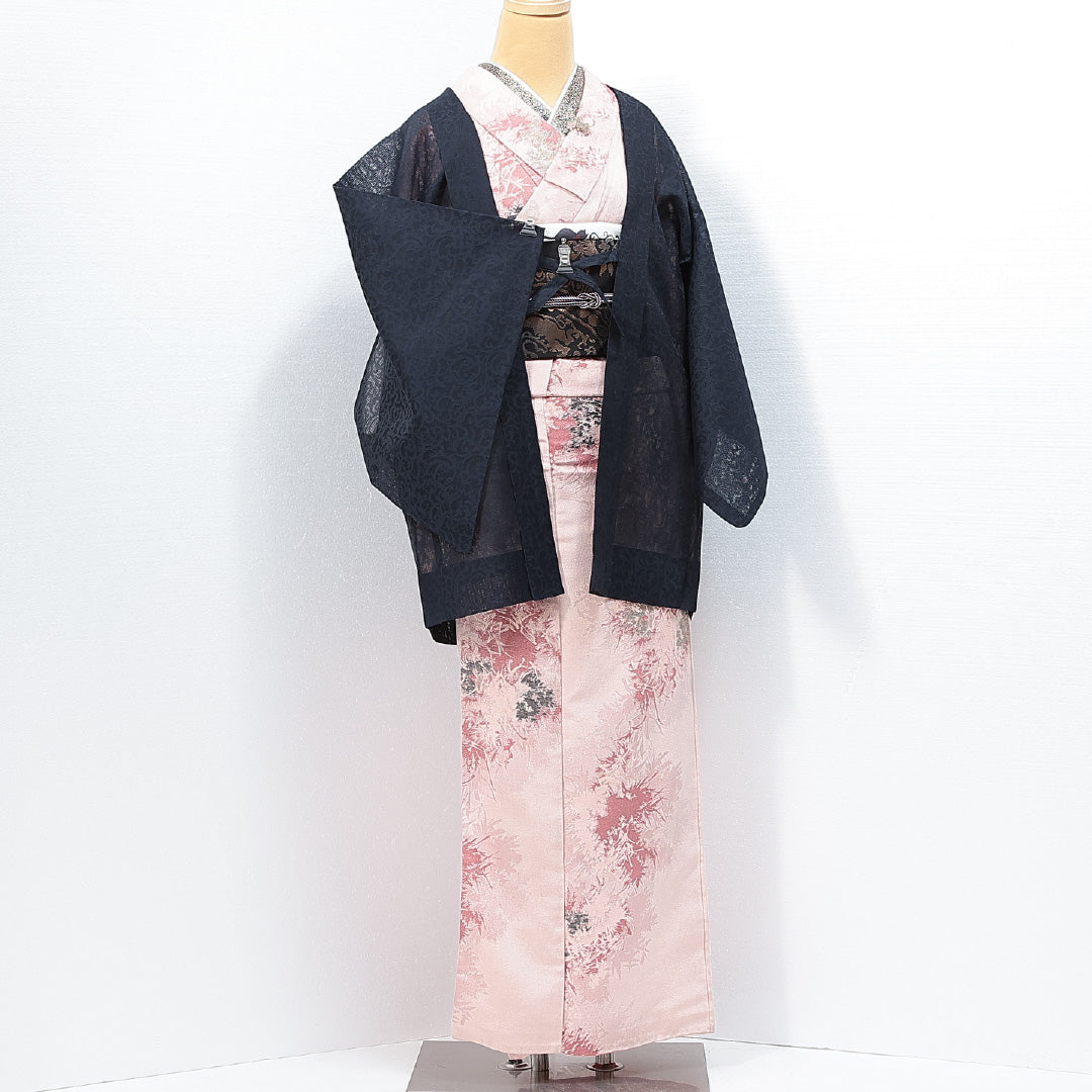 羽織 夏物 夏物 身丈78cm 裄丈64cm 正絹 Sランク Mサイズ カジュアル 紐あり 唐草 紺系 1217-14756