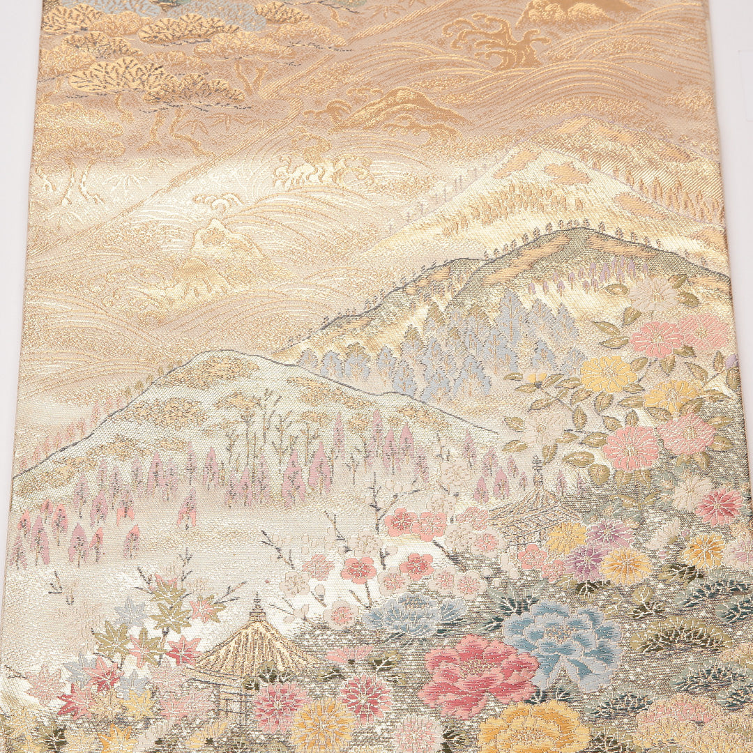 袋帯 帯丈436cm 正絹 六通 フォーマル 寺社 四季山野 金系 1243-01276