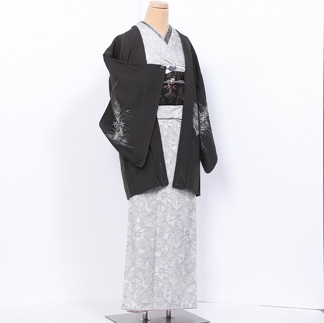 羽織 身丈82cm 裄丈63.5cm S 正絹 Bランク 袷 黒羽織 菊 絵羽羽織 1217-11134