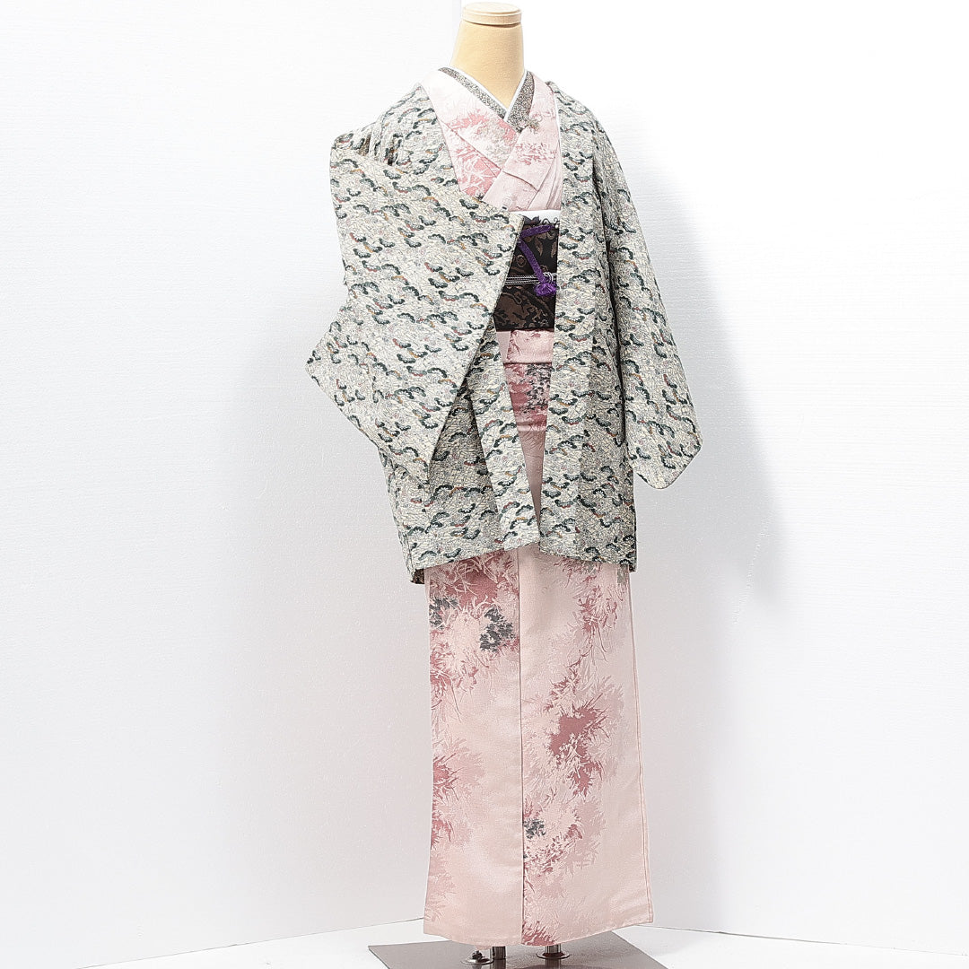 羽織 袷 身丈80cm 裄丈64cm 正絹 Sランク カジュアル Mサイズ 紐あり 松 クリーム系 RP 1232-14634