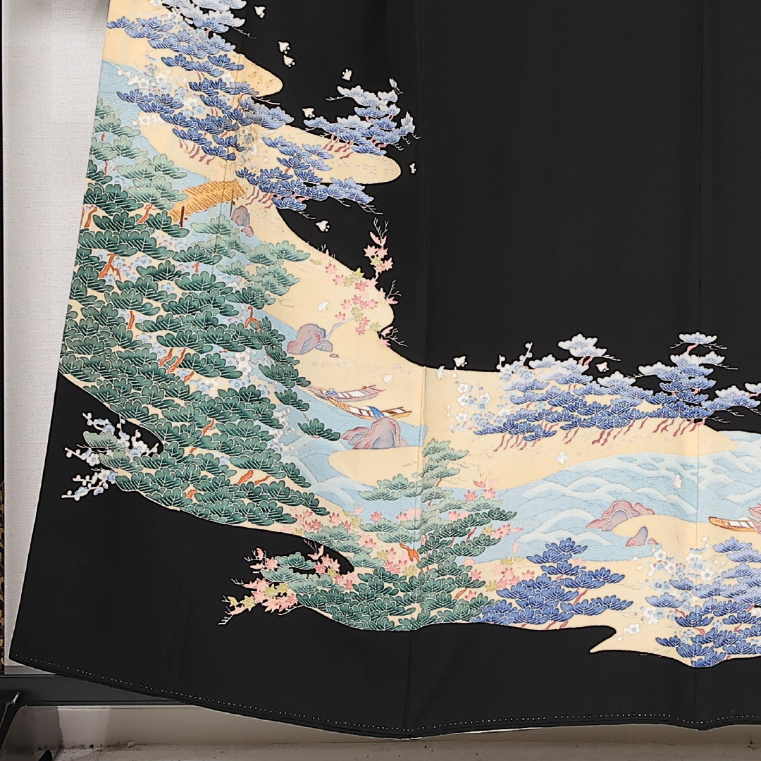 黒留袖 五つ紋 橘 身丈158cm 裄丈62.5cm Aランク 正絹 袷 比翼 広衿 M 落款 松 フォーマル 幻想的 重厚感 黒系 1211-F0584