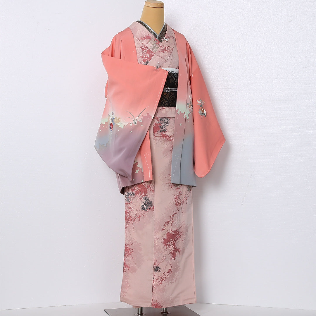 絵羽羽織 袷 身丈80cm 裄丈65cm 正絹 Sランク インフォーマル Mサイズ 椿 ピンク系 RP 1234-12809